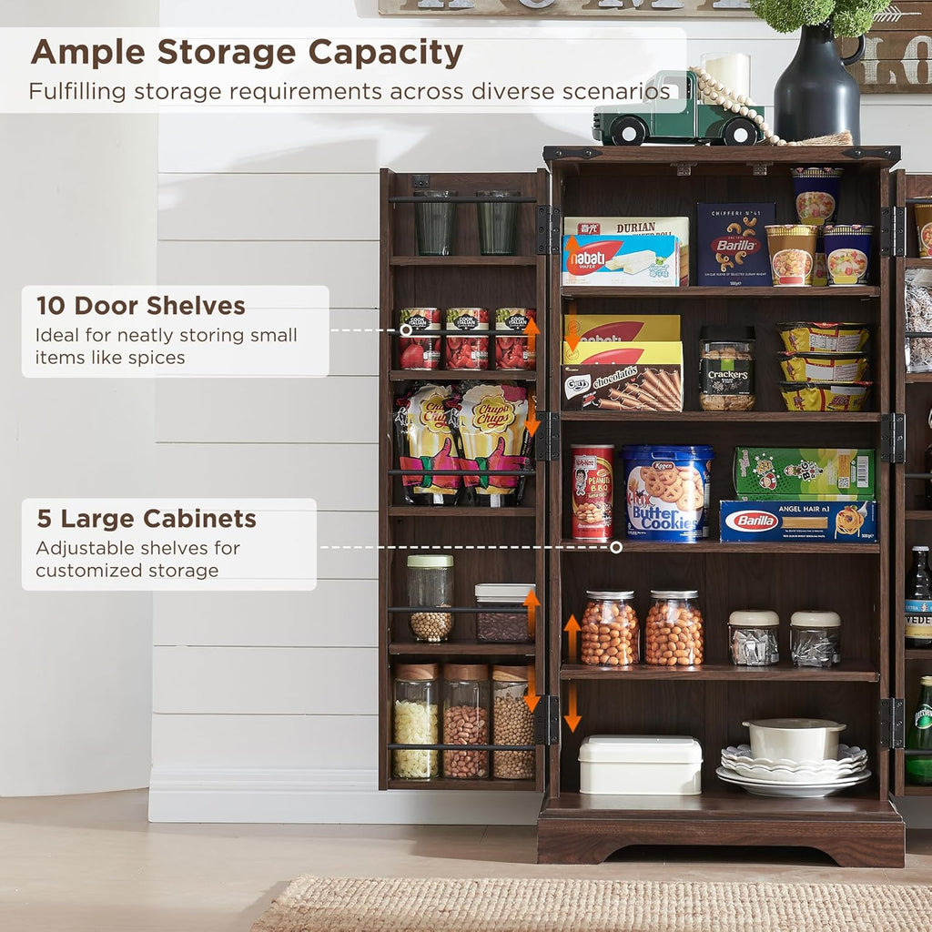 ACCOHOHO 47' Kitchen Pantry, Farmhouse Storage Cabinet with Barn Doors, Organizer and Adjustable Shelves, Rustic Wood Cupboard for Kitchen, Dining Room, Bathroom and Hallway, Brown