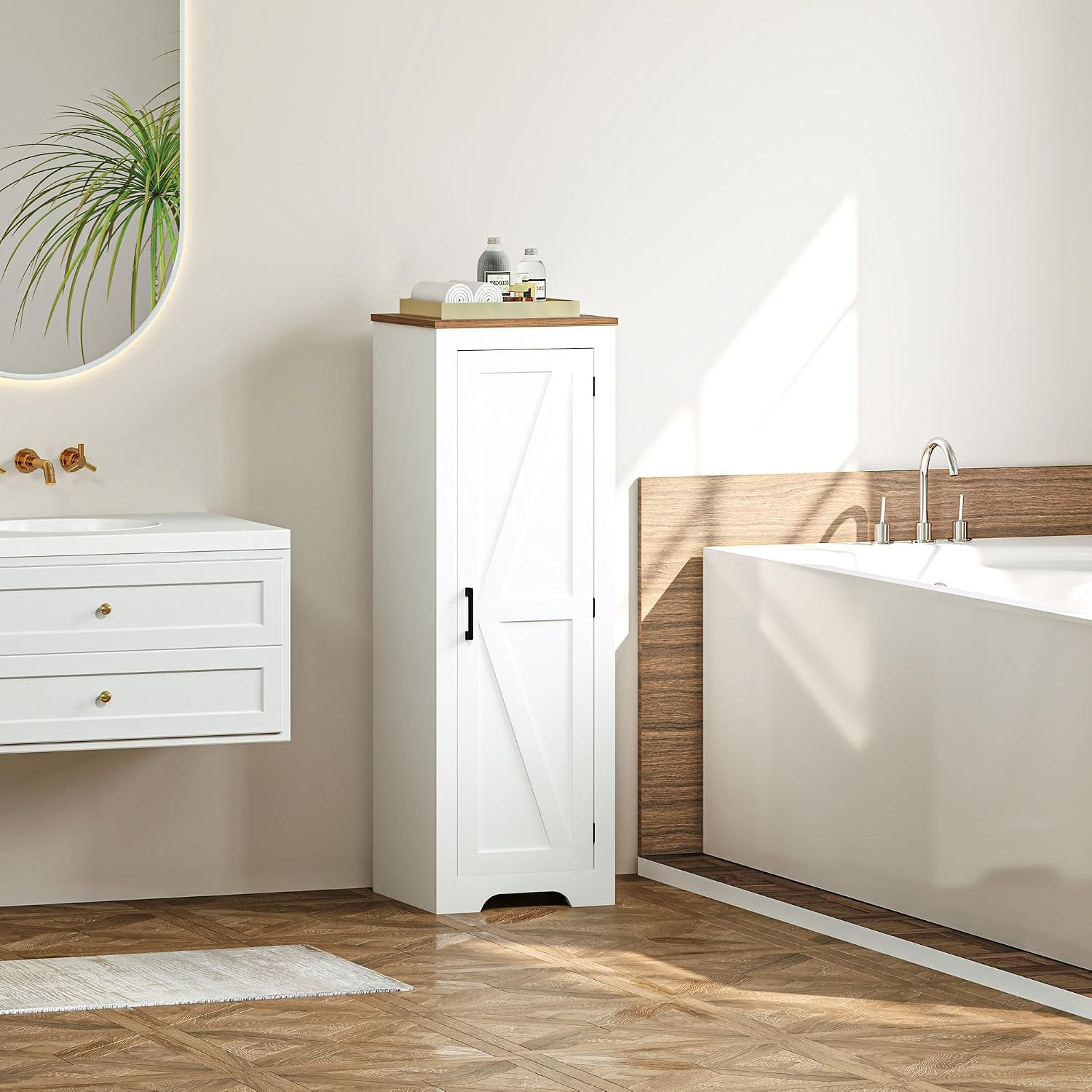HOMCOM Farmhouse Storage Cabinet with Adjustable Shelf, Single Barn Door Small Bathroom Storage Cabinet for Living Room, Floor Pantry Cabinet, White