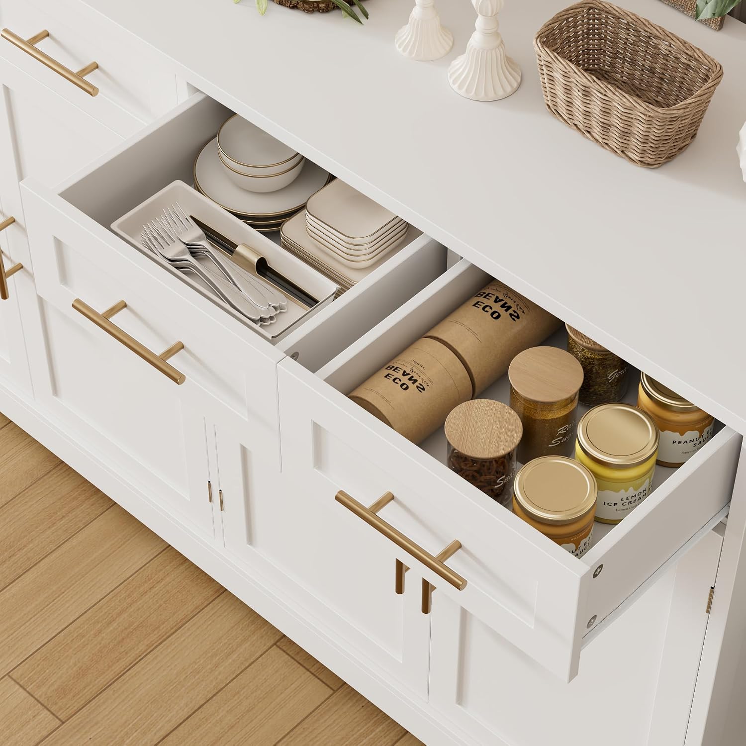 HOSTACK 60' Large Buffet Sideboard with Storage, 36' Tall Kitchen Buffet Storage Cabinet with 4 Drawers, Modern Coffee Bar Cabinet with Gold Handles, Long Sideboard Buffet Table for Kichen, White