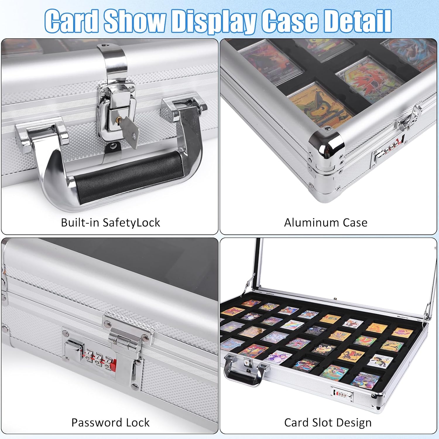 Upgraded 34' x 22' Card Display Case, Trading Card Display Case with Aluminum Frame & Acrylic Side Panels, Dual Security with Combination & Key Lock, Perfect for Trade Shows & Card Display(Sliver)
