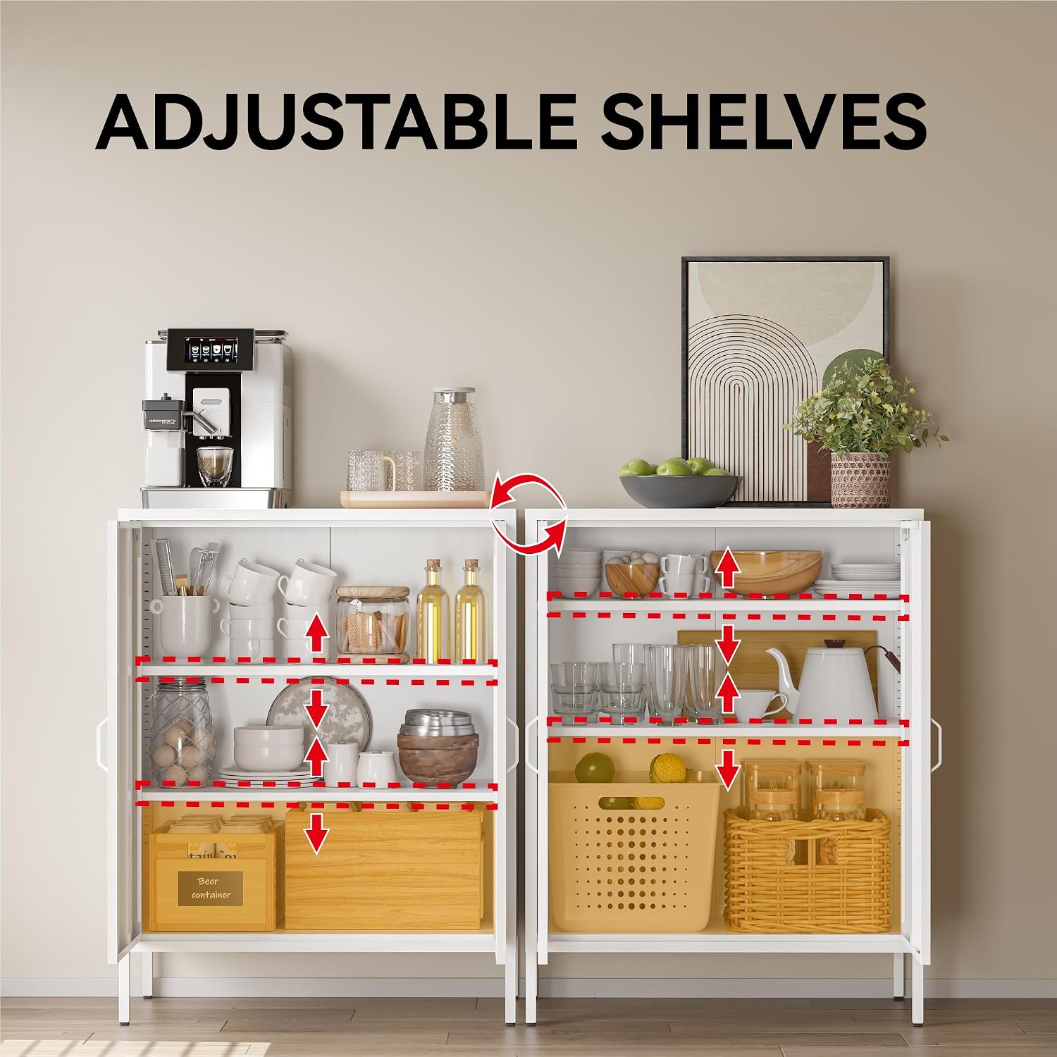 COFaR White Metal Storage Cabinet, 40' Kitchen Buffet & Coffee Bar Cabinet with Adjustable Shelves, 3-Tier Steel Organizer with Magnetic Doors, Sideboard for Dining Room, Home Office