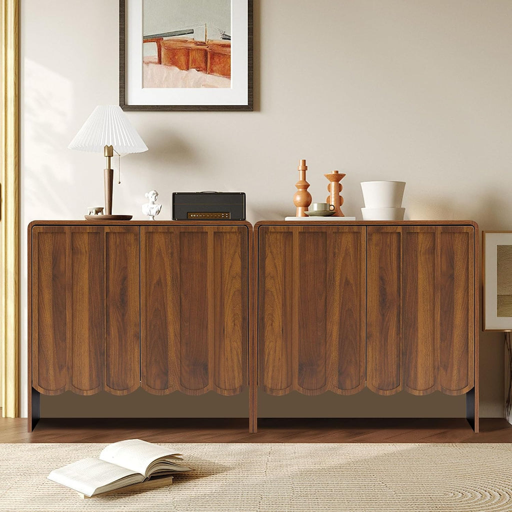 ORRD Sideboard Buffet Cabinet Set of 2, Accent Storage Cabinets with 2 Doors, Farmhouse Wood Cabinet with Adjustable Shelves and Wave Panel for Living Room, Dining Room, Entry - Walnut
