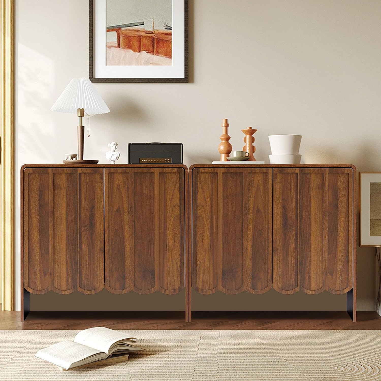 ORRD Sideboard Buffet Cabinet Set of 2, Accent Storage Cabinets with 2 Doors, Farmhouse Wood Cabinet with Adjustable Shelves and Wave Panel for Living Room, Dining Room, Entry - Walnut