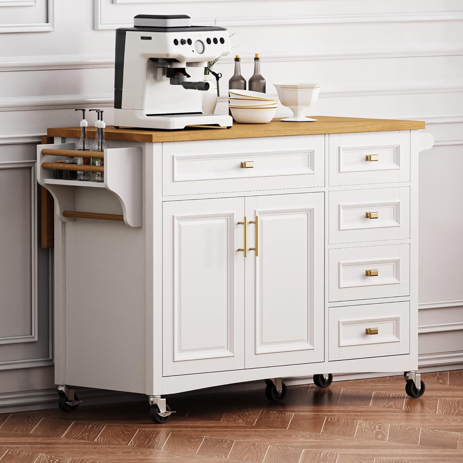 52' Kitchen Island Cart with Drop Leaf, Embossed Texture Kitchen Storage on Wheels with Spice Rack, Towel Rack, 5 Drawers, 2 Doors, Adjustable Shelf for Kitchen, Dining Room White