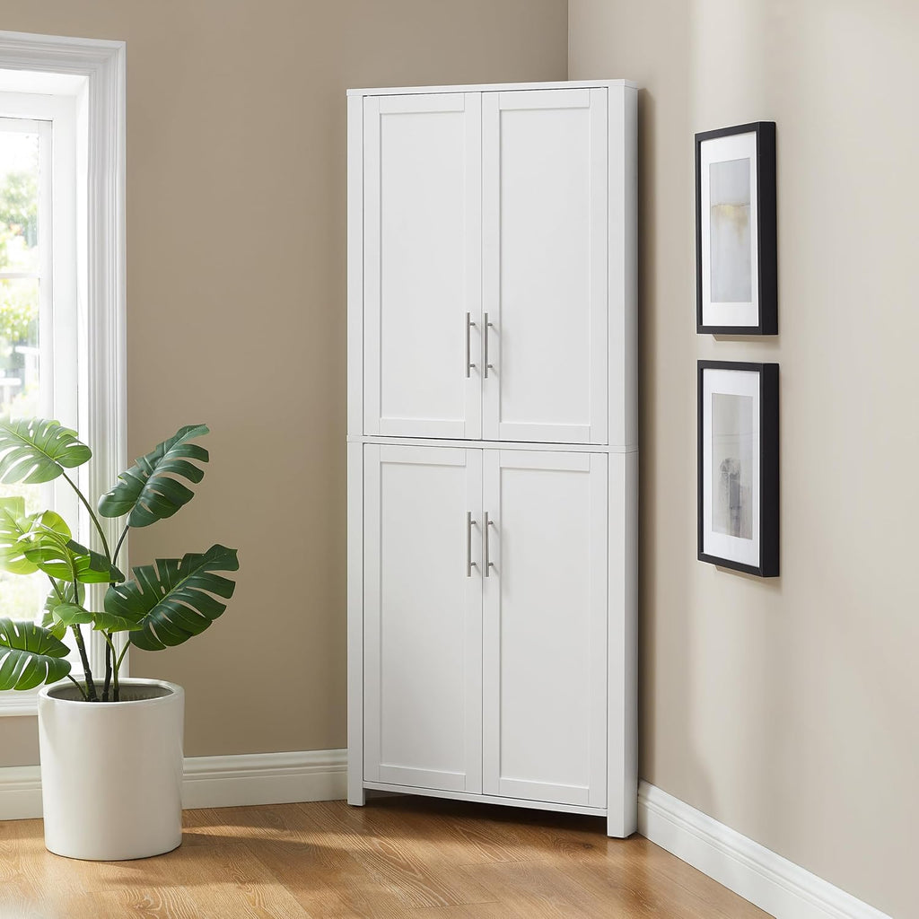 Crosley Furniture Savannah Traditional Corner Pantry Storage Cabinet with Shelves, Kitchen, Dining, Laundry, White