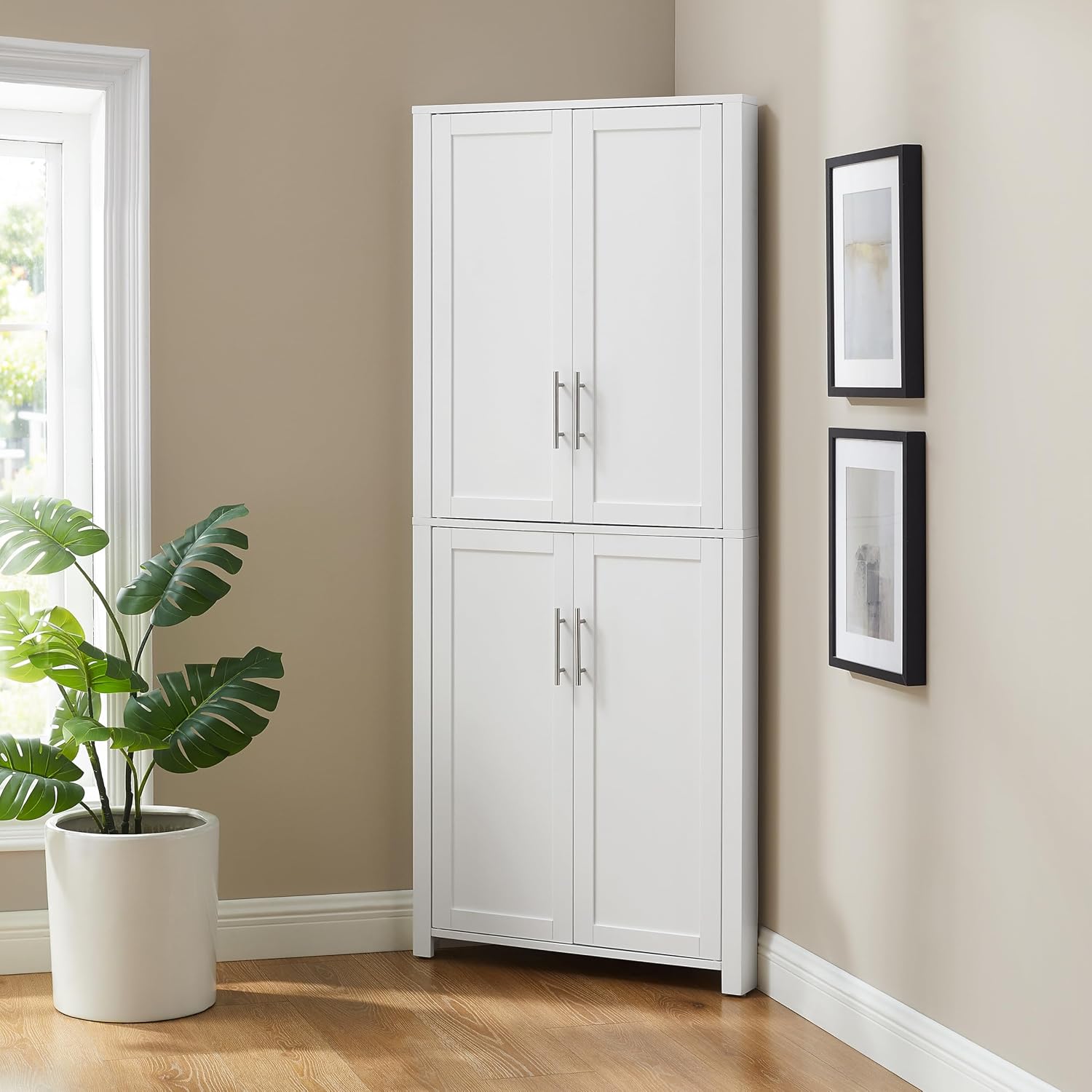 Crosley Furniture Savannah Traditional Corner Pantry Storage Cabinet with Shelves, Kitchen, Dining, Laundry, White