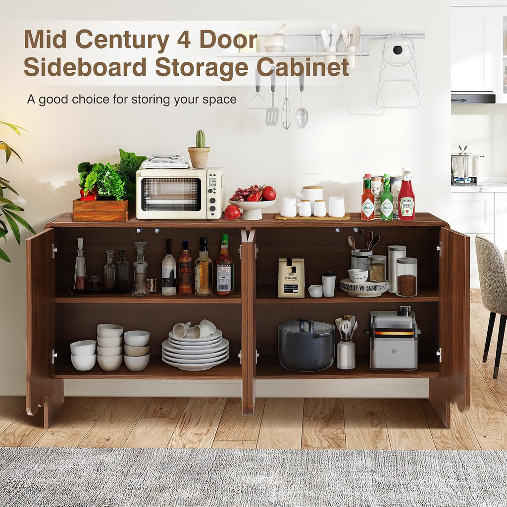 ORRD Sideboard Buffet Cabinet, Accent Storage Cabinets with 4 Doors, Farmhouse Wood Cabinet with Adjustable Shelves and Wave Panel for Living Room, Dining Room, Entry - Walnut
