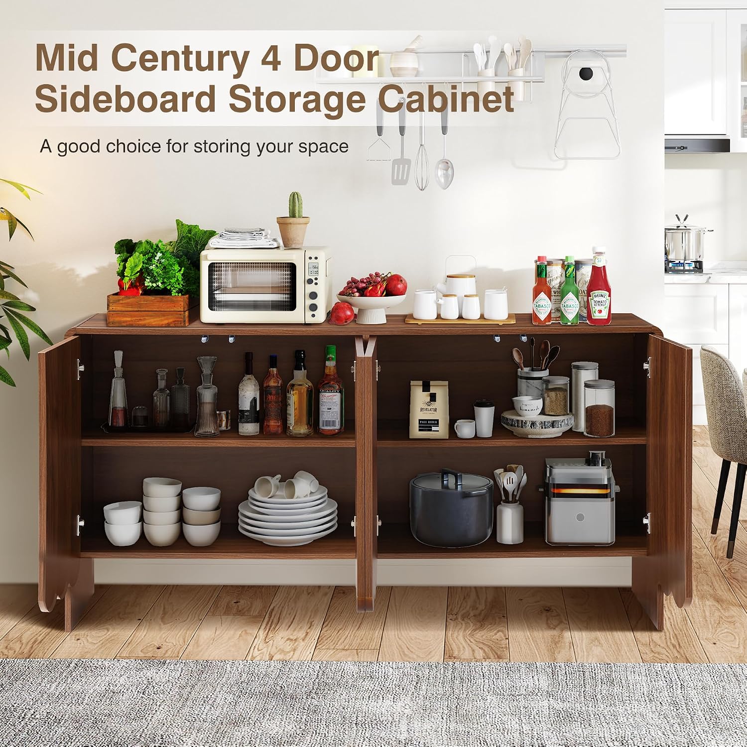 ORRD Sideboard Buffet Cabinet, Accent Storage Cabinets with 4 Doors, Farmhouse Wood Cabinet with Adjustable Shelves and Wave Panel for Living Room, Dining Room, Entry - Walnut
