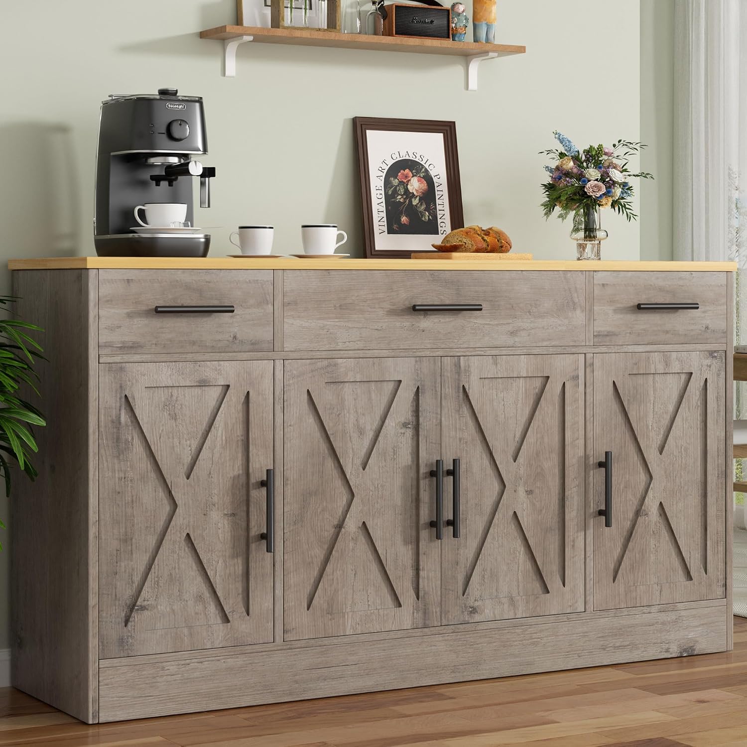 Farmhouse Buffet Cabinet, Accent Storage Cabinet with Doors and 3 Drawers, Wide Sideboard Coffee Bar Cabinets for Living Room, Kitchen, Ivory