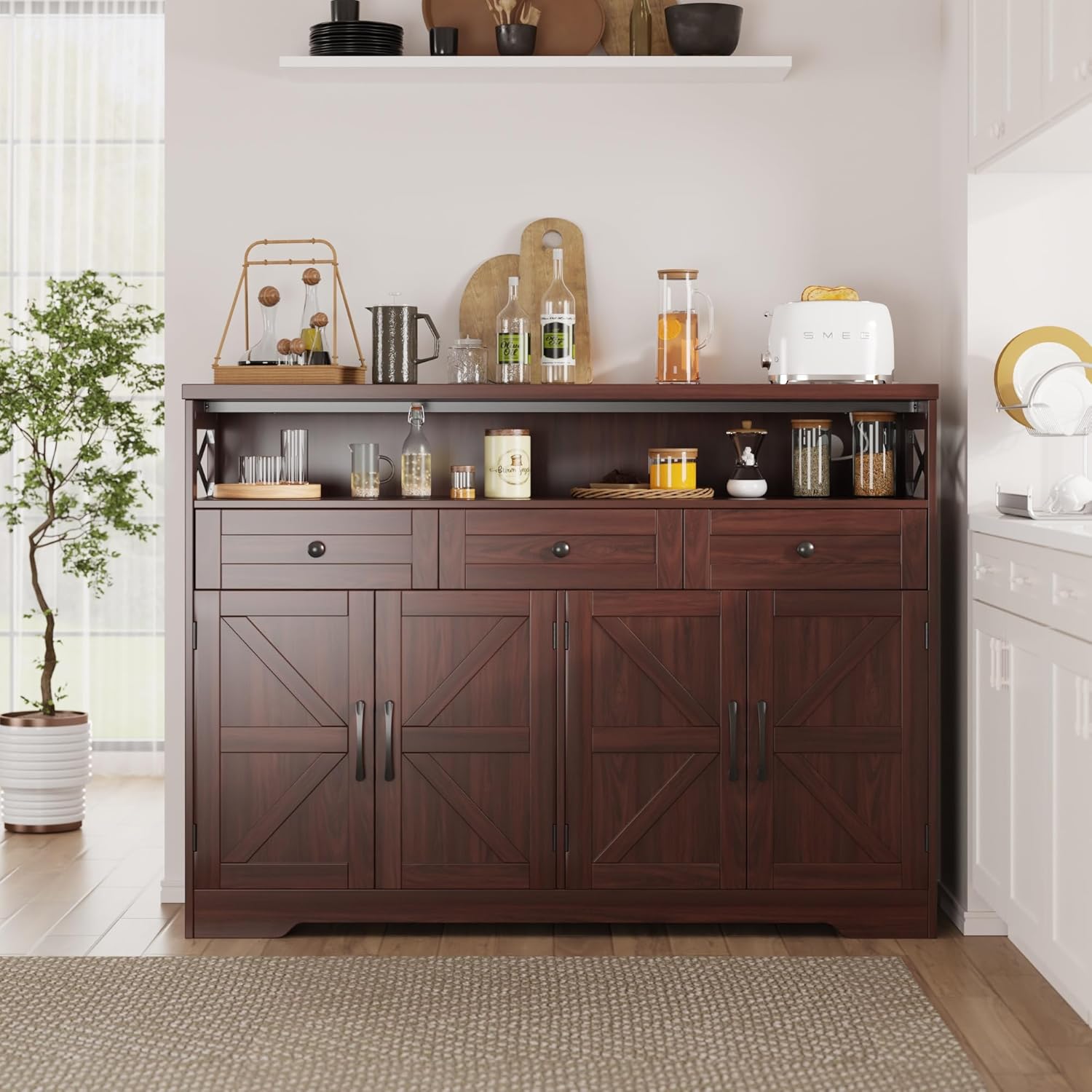 51' Dark Brown Buffet Sideboard Cabinet, Farmhouse Storage Cabinet Kitchen Pantry with Shelf and Drawers, Wood Cupboard Hutch Cabinet, Coffee Bar Station Table for Kitchen, Living Room, Dining Room