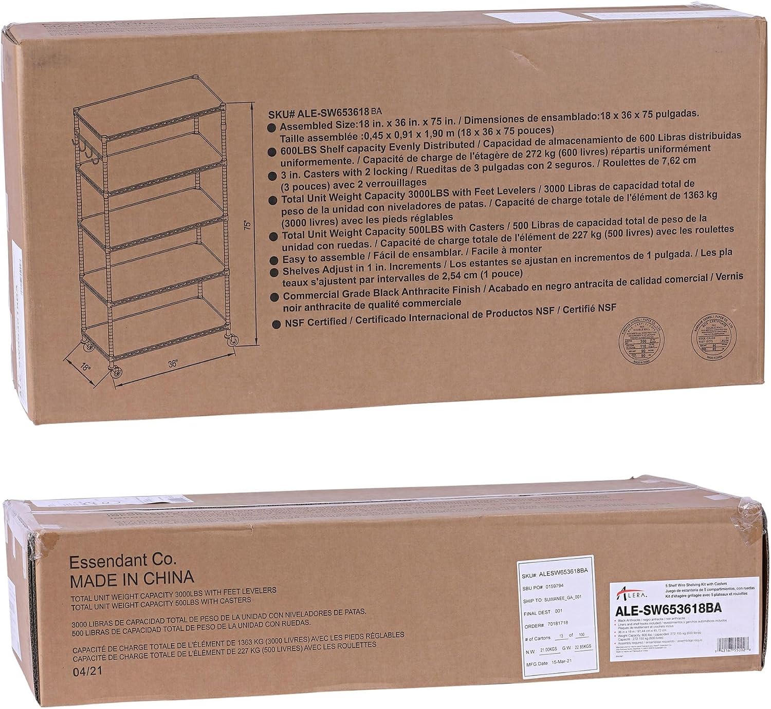 Alera 5-Shelf Wire Shelving Kit with Casters and Shelf Liners, 36w X 18d X 72h, Black Anthracite