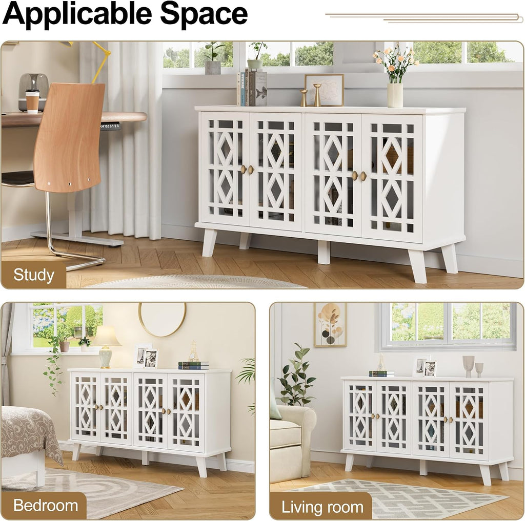 Scurrty 52' Buffet Cabinet with Storage,Sideboard with 4 Doors, Skeletonized Coffee Bar with Storage, Sideboard Cabinet for Dinning Room, Kitchen & Living Room (White)