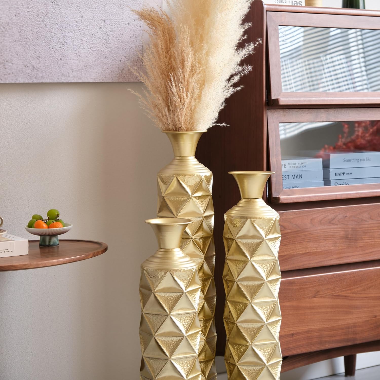 3-piece/Set Large Metal Floor Vases, Decorative Tall Set of 3 Handmade High Distressed Vintage Oversized Center Vases Standing Flower Holder for Modern Home Décor Indoor (Gold+3D Triangle)