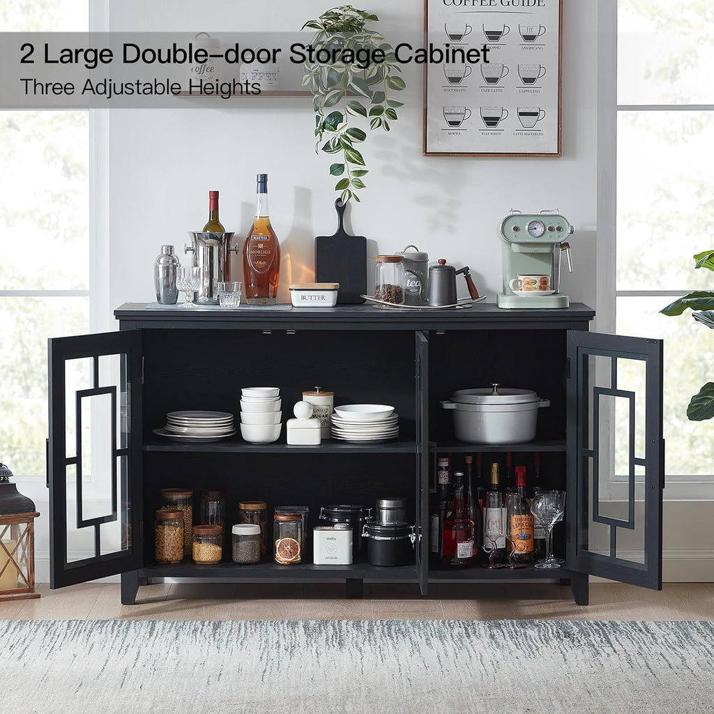 Joaxswe Large Sideboard Buffet Cabinet with Storage, 55' Farmhouse Black Kitchen Coffee Wine Bar Cabinet with 3 Glass Doors, Wood Mid Century Modern Side Board Table for Dining Room, Living Room