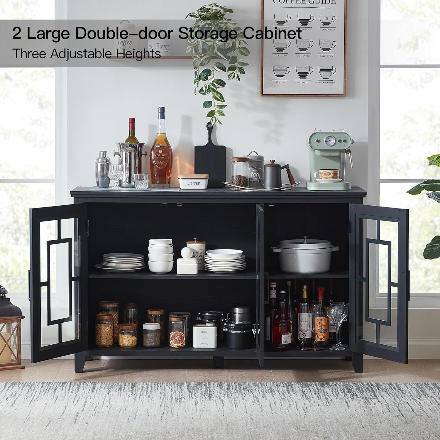 Joaxswe Large Sideboard Buffet Cabinet with Storage, 55' Farmhouse Black Kitchen Coffee Wine Bar Cabinet with 3 Glass Doors, Wood Mid Century Modern Side Board Table for Dining Room, Living Room