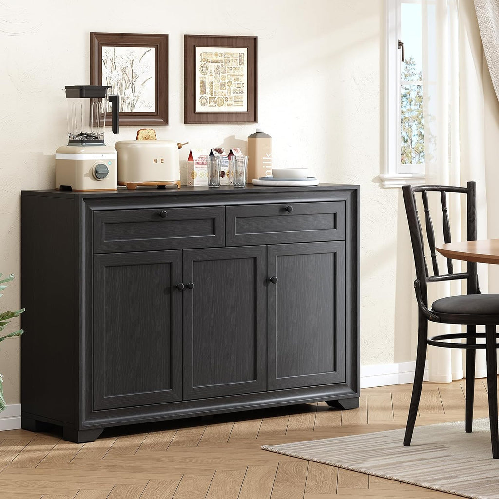 ONBRILL 48 Inches Sideboard Buffet Cabinet with Storage, Farmhouse Sideboard with 2 Drawers and 3 Doors, Wood Coffee Bar Cabinet with Adjustable Shelves for Living Room, Kitchen, Hallway, Black