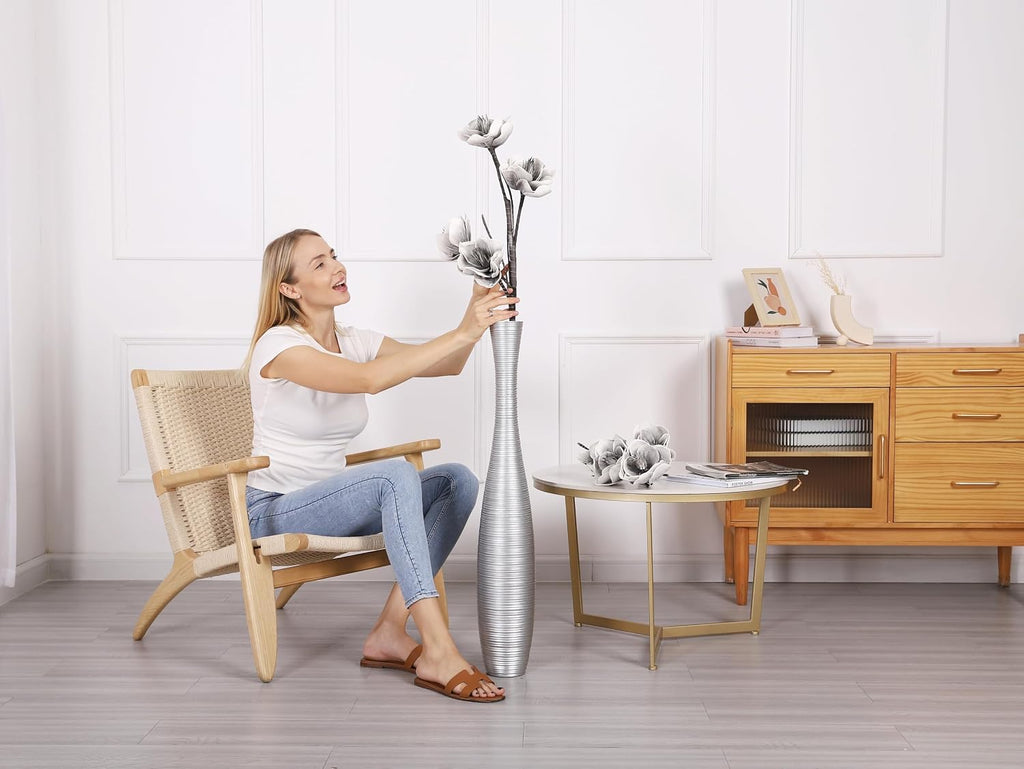 Leewadee Decorative Tall Floor Vase for Living Room Decor, 34 inches, Silver, Resin