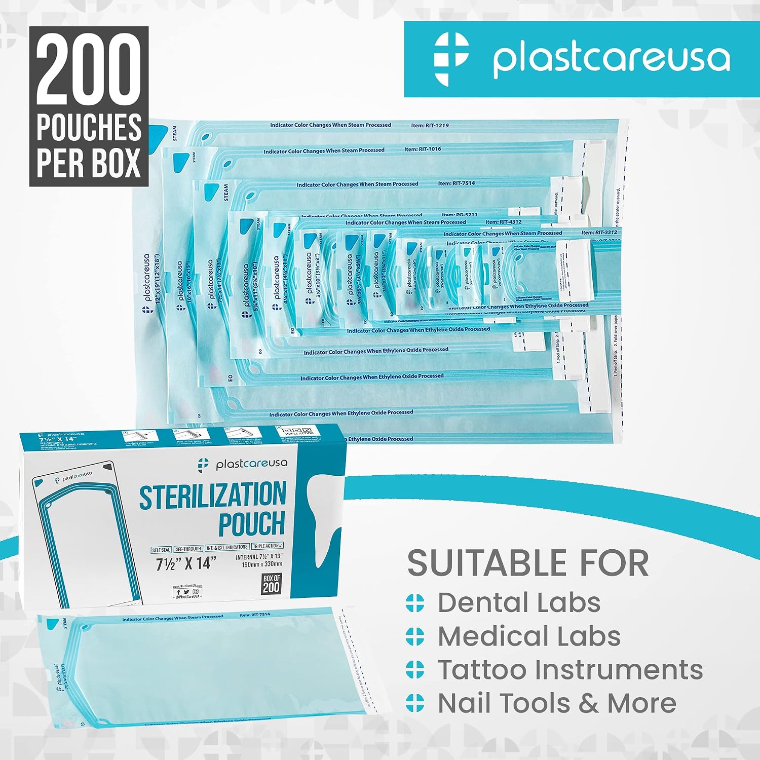 1000 7.5 X 13 Self Sealing Sterilization Pouches - Autoclave Sterilizer Bags Pouch for Sterilizing Dental Medical Instruments and Cleaning Tools - Latex-Free, Color Changin Indicator by PlastCare USA