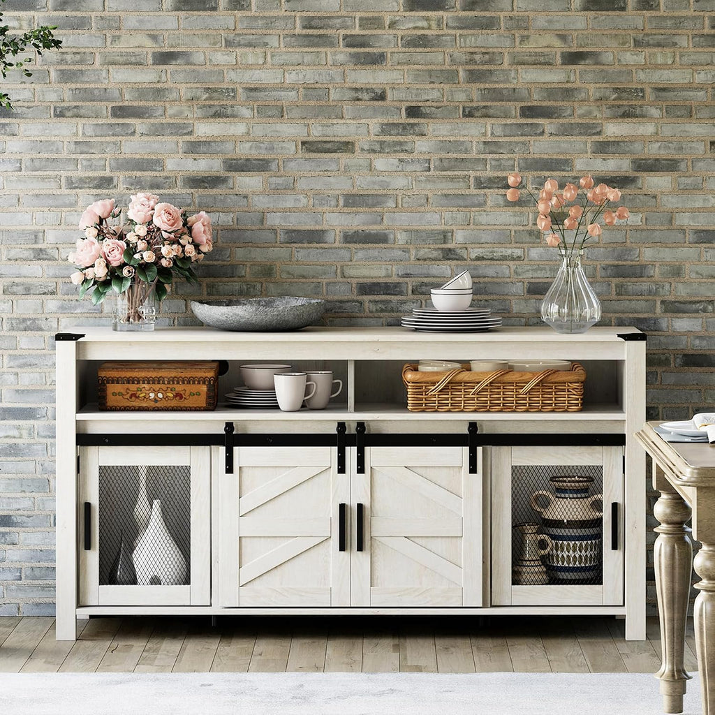 WAMPAT Farmhouse Buffet Cabinet, Rustic Sideboard with Sliding Barn Doors, 59' Coffee Bar Storage Cabinet with Mesh Doors, Cupboard Table for Kitchen, Dining Room, Living Room，Antique White