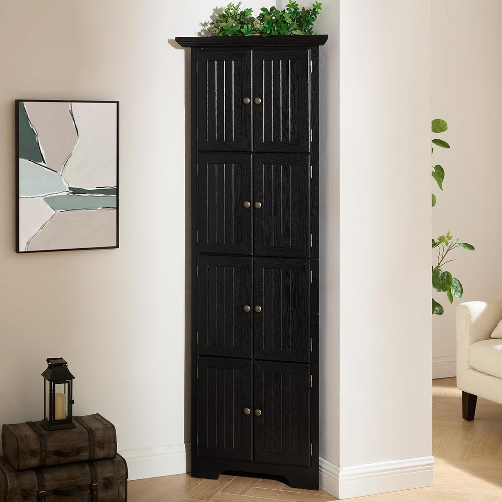 72' Corner Design Freestanding Storage Cabinet, Kitchen Storage Bakers Rack with Sleek Metal Handles, Utility Food Cupboard with 4-Tier Shelves for Kitchen, Bathroom, Living Room, Black