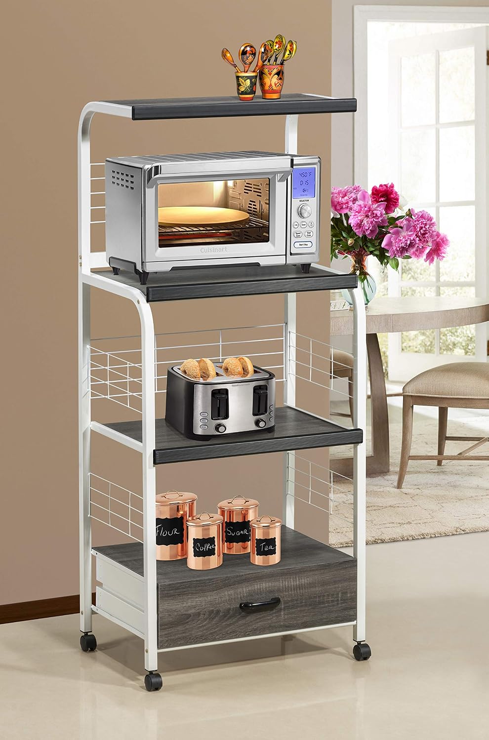Crown Mark Kitchen Shelf with Casters Baker's Rack, White