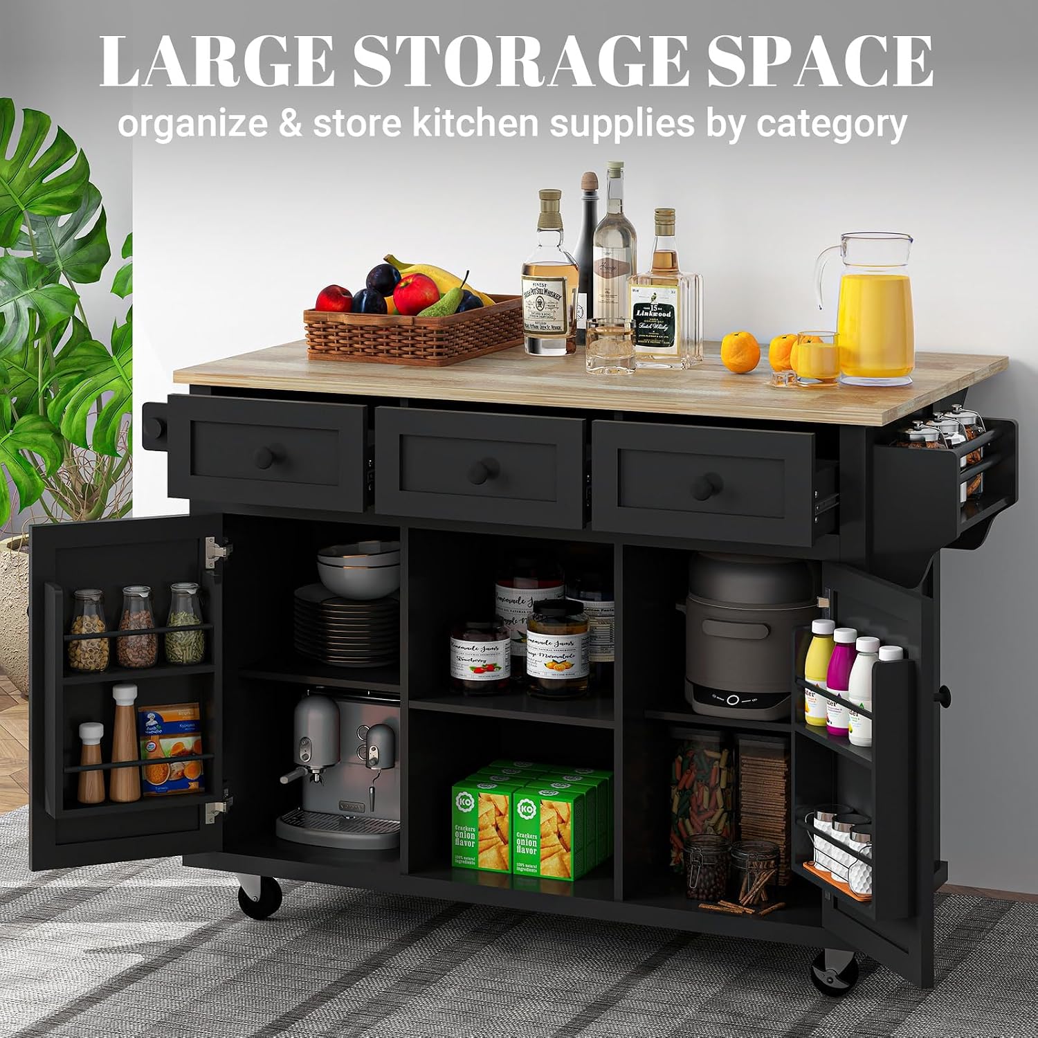 Rovibek Kitchen Island with Drawers 53 in Rolling Island Cart Mobile Portable Islands on Wheels Solid Wood Island with Storage Cabinet & Drawers, Jet Black
