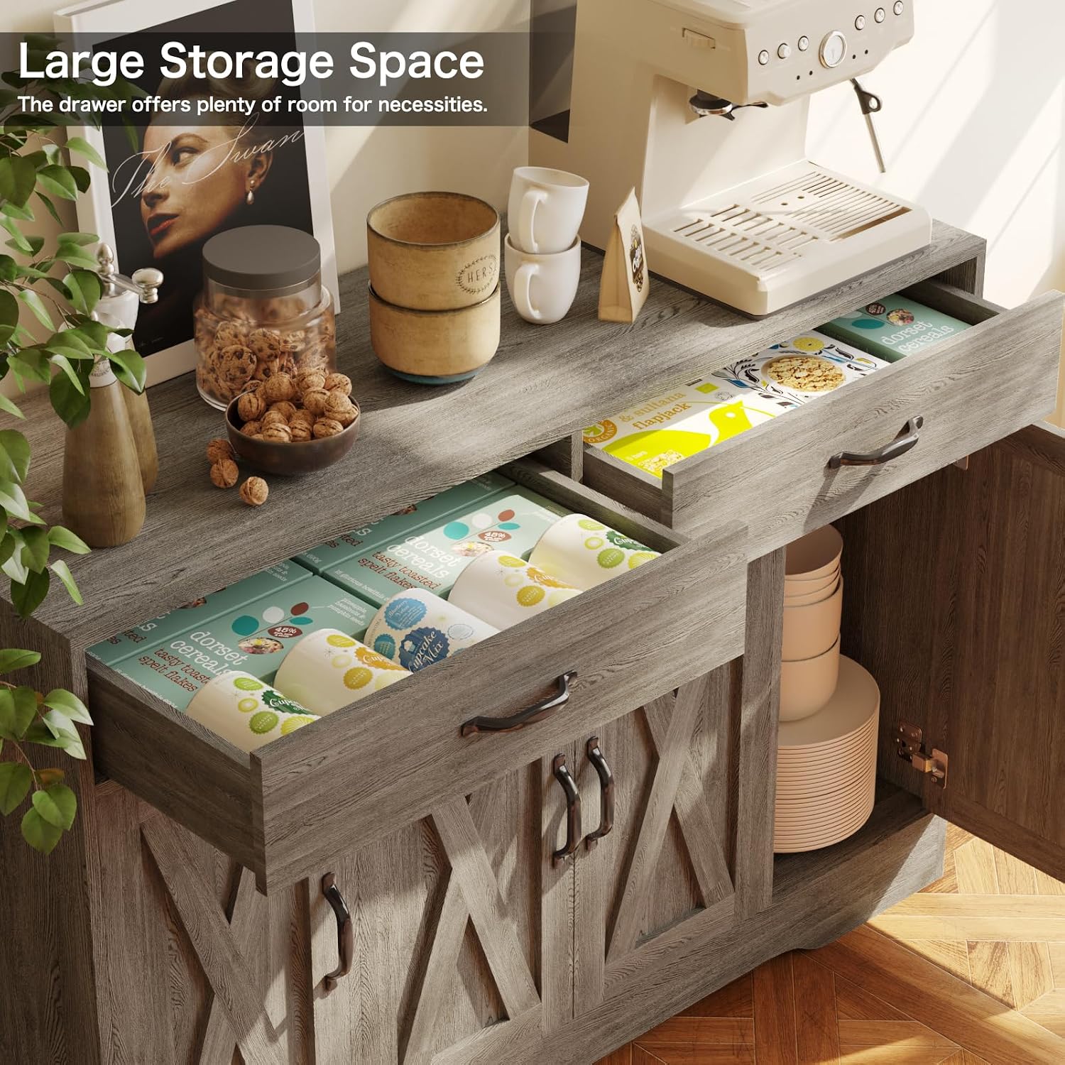 Sideboard Cabinet with Drawers, 47' W Sideboard Buffet Storage Cabinet with Storage for Kitchen, Farmhouse Coffee Bar Cabinets with Shlves and Doors for Hallway, Gray