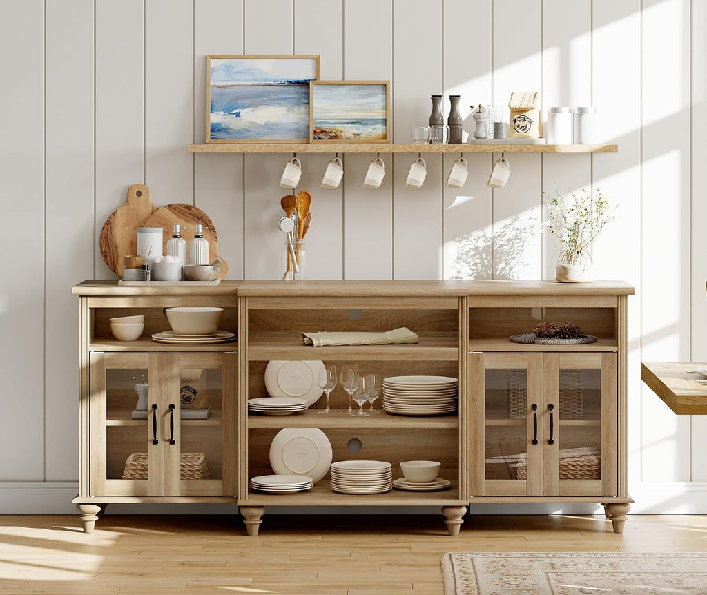 WAMAPT Buffet Cabinet with 4 Glass Doors, Large Coffee Bar Tables Wood Kitchen Storage Cabinets with 9 Storages, Modern Farmhouse Sideboard Credenza, Oak, 70 inch