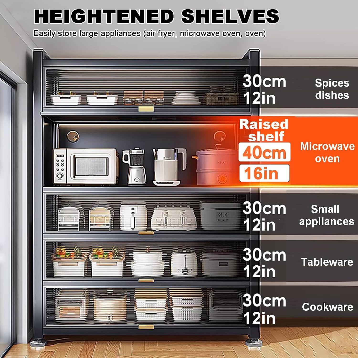Kitchen Appliance Storage Freestanding Kitchen Storage Cabinet with Transparent Doors, Multifunctional Storage for Microwave Oven Spices, Pots, and Pans (Color : 5 Layers, Size : 60cm/23.6in)
