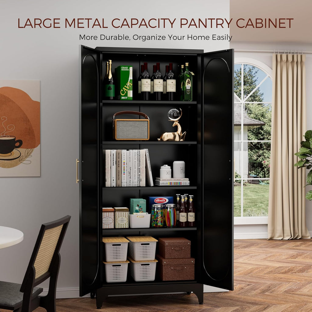 75' Tall Black Metal Storage Cabinet with Doors & Adjustable Shelves, Heavy-Duty Pantry Cabinet for Kitchen, Garage, Home Office, Living Room & School