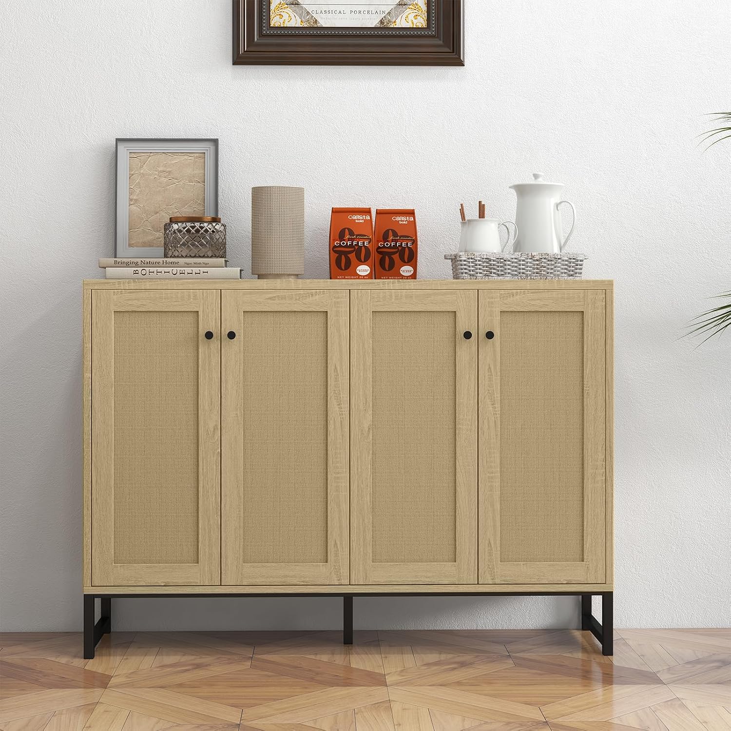 Panana Sideboard Accent Storage Cabinet with Rattan Decorated 4 Doors Dining Room Freestanding Kitchen Buffet Table Cupboard (Natural)