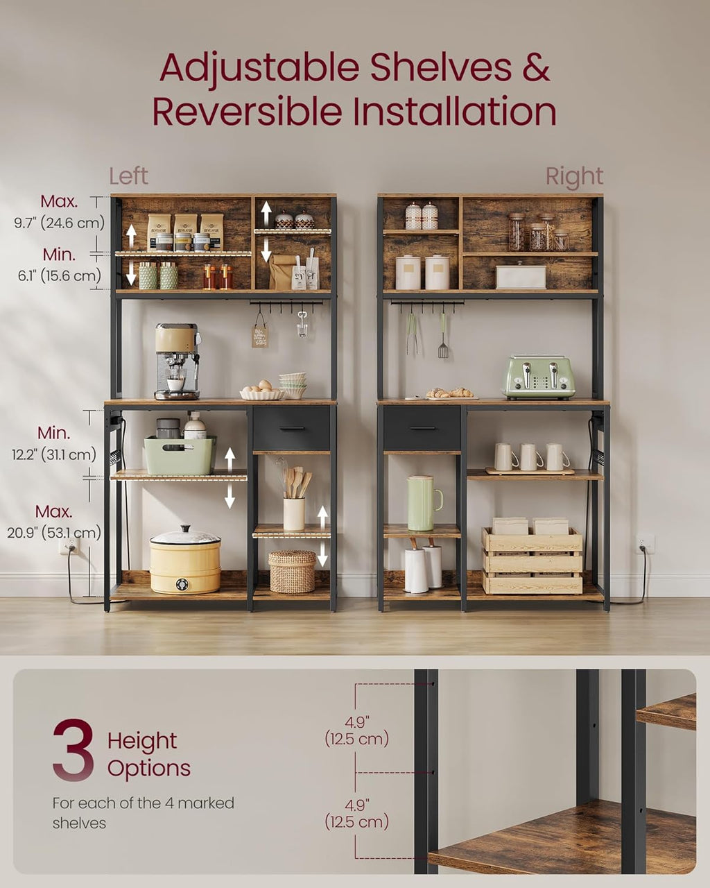 VASAGLE Bakers Rack with Charging Station, Coffee Bar, 15.7 x 39.4 x 71 Inches, Kitchen Microwave Stand, Adjustable Storage Shelves, Fabric Drawer, 12 Hooks, Rustic Brown and Ink Black UKKS027K01