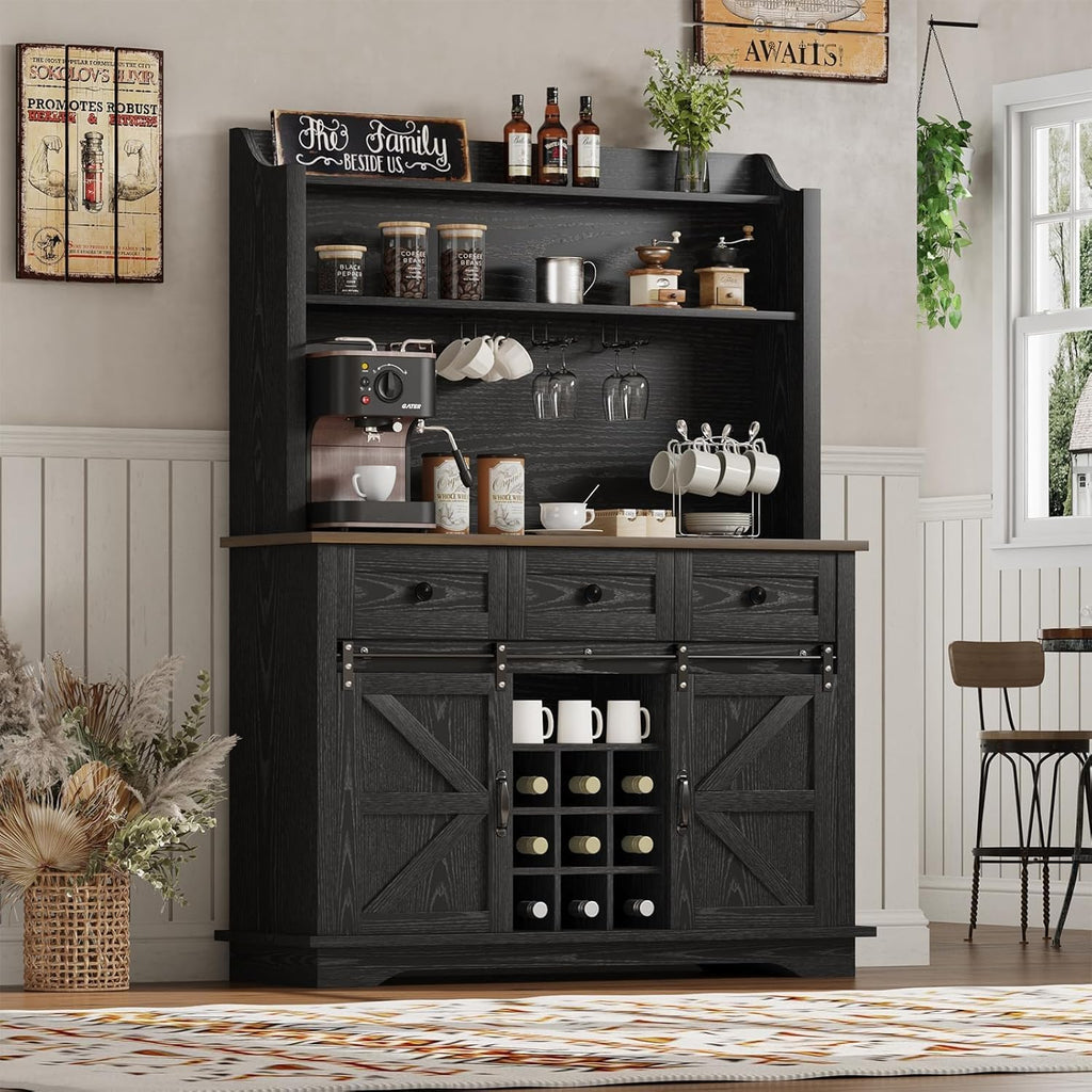REVOMINCA 63 Inch Tall Coffee Bar Cabinet with 3-Tier, Kitchen Hutch with 3 Large Drawers, Farmhouse Coffee Bar with 9 Wine Racks & 3 Glass Holders, Wine Storage Cabinet for Living Dining Room, Black