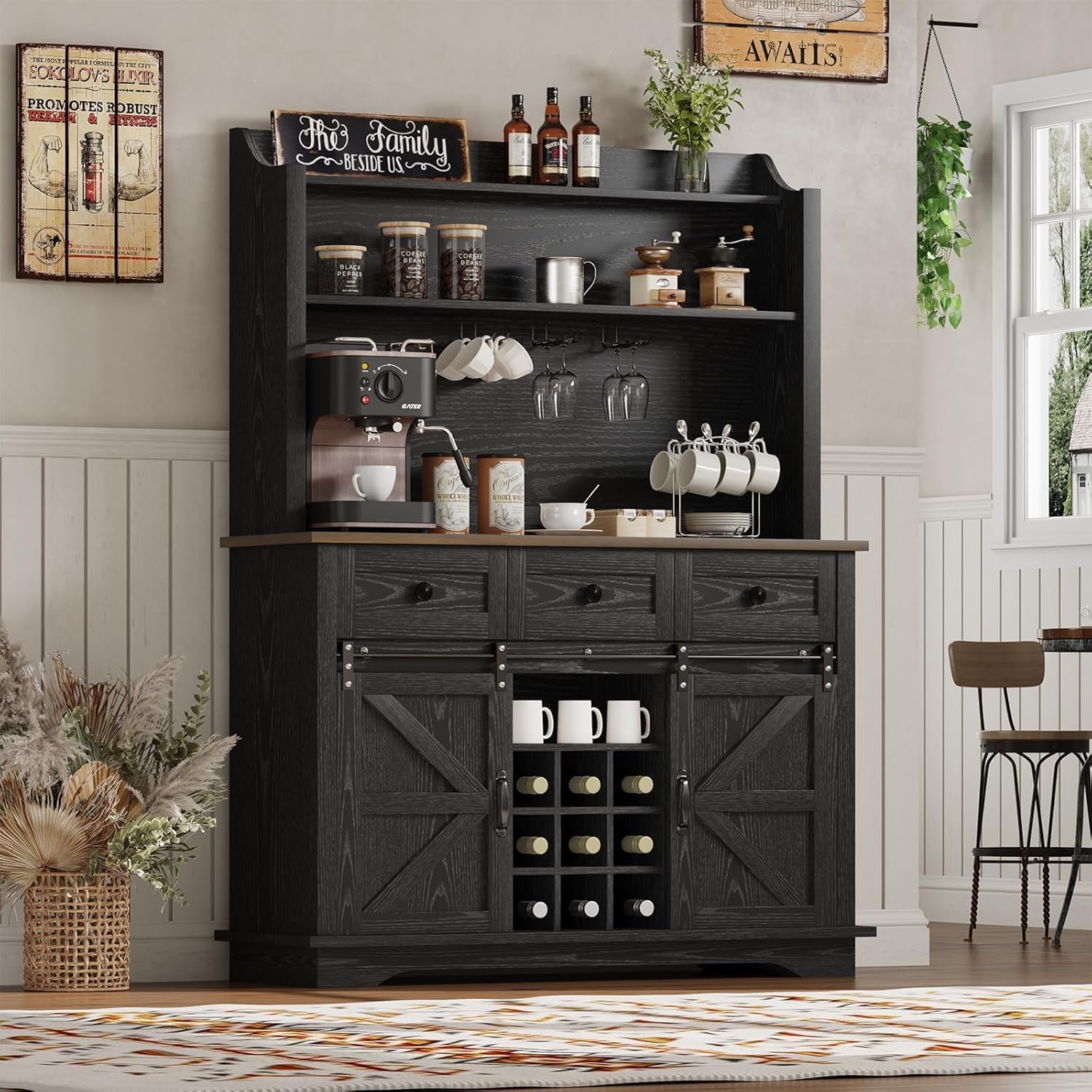 REVOMINCA 63 Inch Tall Coffee Bar Cabinet with 3-Tier, Kitchen Hutch with 3 Large Drawers, Farmhouse Coffee Bar with 9 Wine Racks & 3 Glass Holders, Wine Storage Cabinet for Living Dining Room, Black