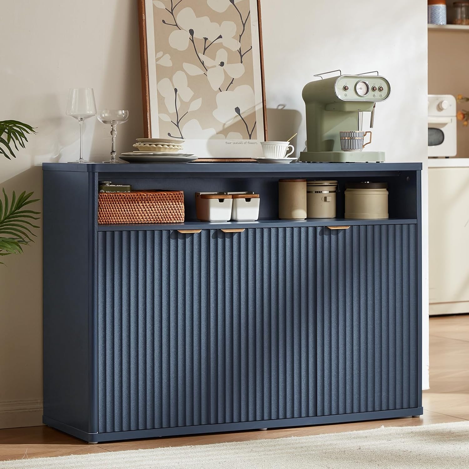 LEYAOYAO Fluted Buffet Cabinet with Storage, 45' Wide Wood Sideboard Credenza with 3 Doors & Open Storage Shelf, Modern Kitchen Console Accent Cabinets, Coffee Bar Table for Dining Room, Dark Blue