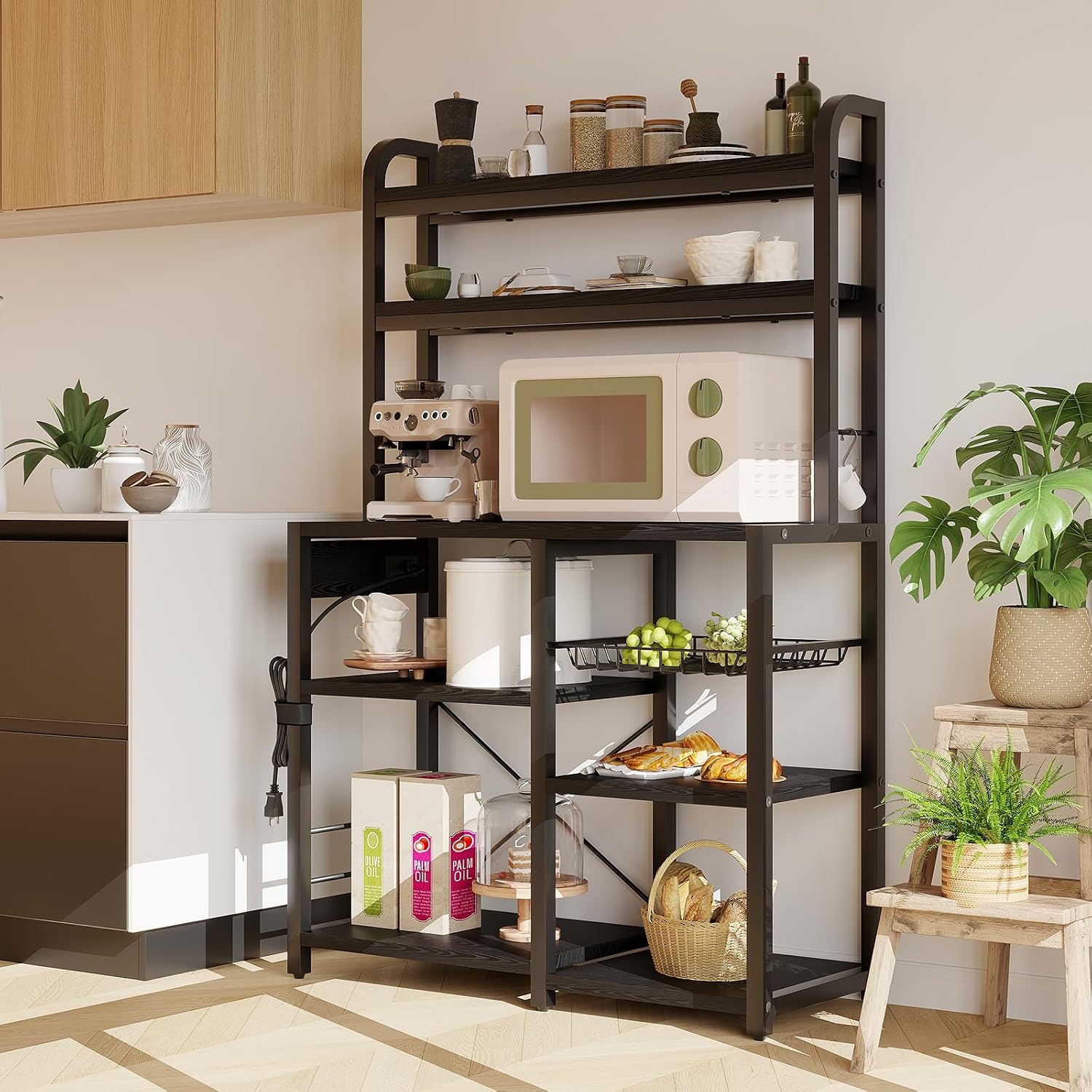 IDEALHOUSE Bakers Rack with Power Outlet, 6-Tier Coffee Bar Station with Wire Drawer, Industrial Microwave Stand, Kitchen Standing Bakers Racks with Large Storage, Hutch, Retro Black