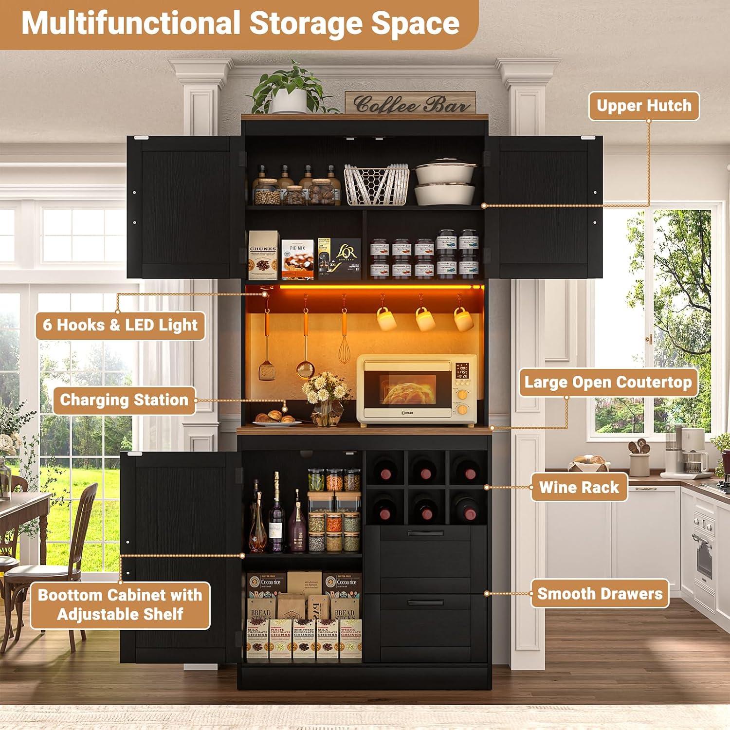 Unikito 72' Tall Kitchen Pantry Cabinet with LED Light & Outlet, Kitchen Hutch Coffee Bar with Microwave Stand, Wine Rack, Drawers and Storage Shelves, Cupboard for Dining Room, Black and Rustic