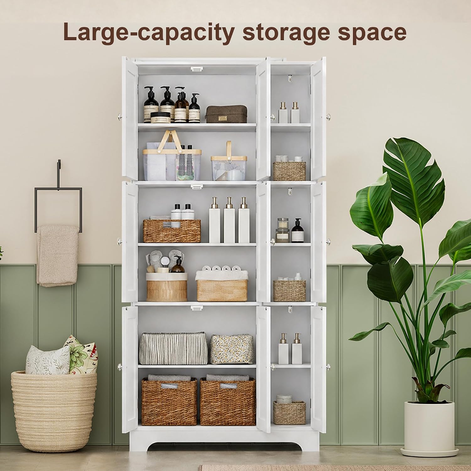 ChooChoo Bathroom Storage Cabinet with 9 Doors, Narrow Floor Cabinet with Adjustable Shelves, White Slim Pantry Cabinet for Kitchen, Bathroom, Laundry Room, Living Room