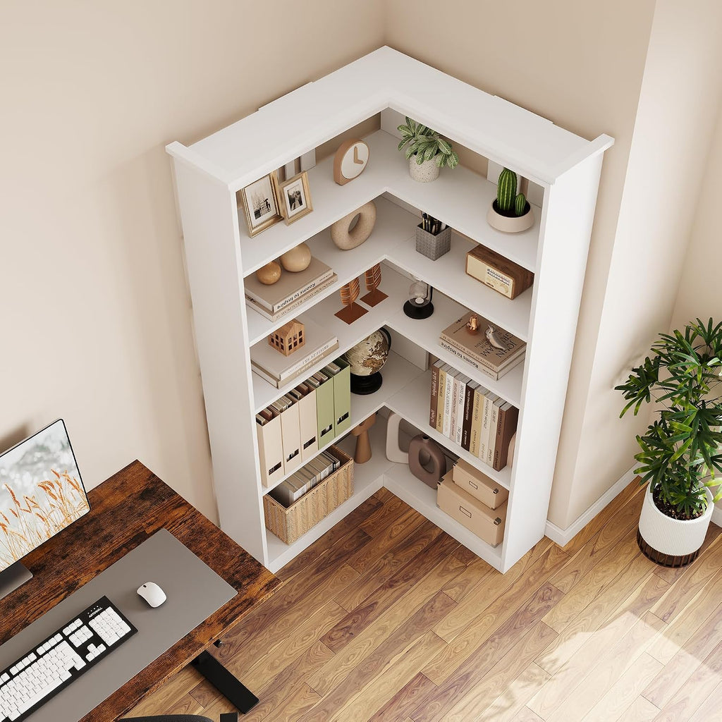 IDEALHOUSE Corner Bookshelf 72.8in Farmhouse Bookcase Large Bookshelves Wood Bookcase Tall 5 Tier Corner Shelf L Shaped Bookshelf Storage Display Rack Living Room Bedroom (White, Half Panel)