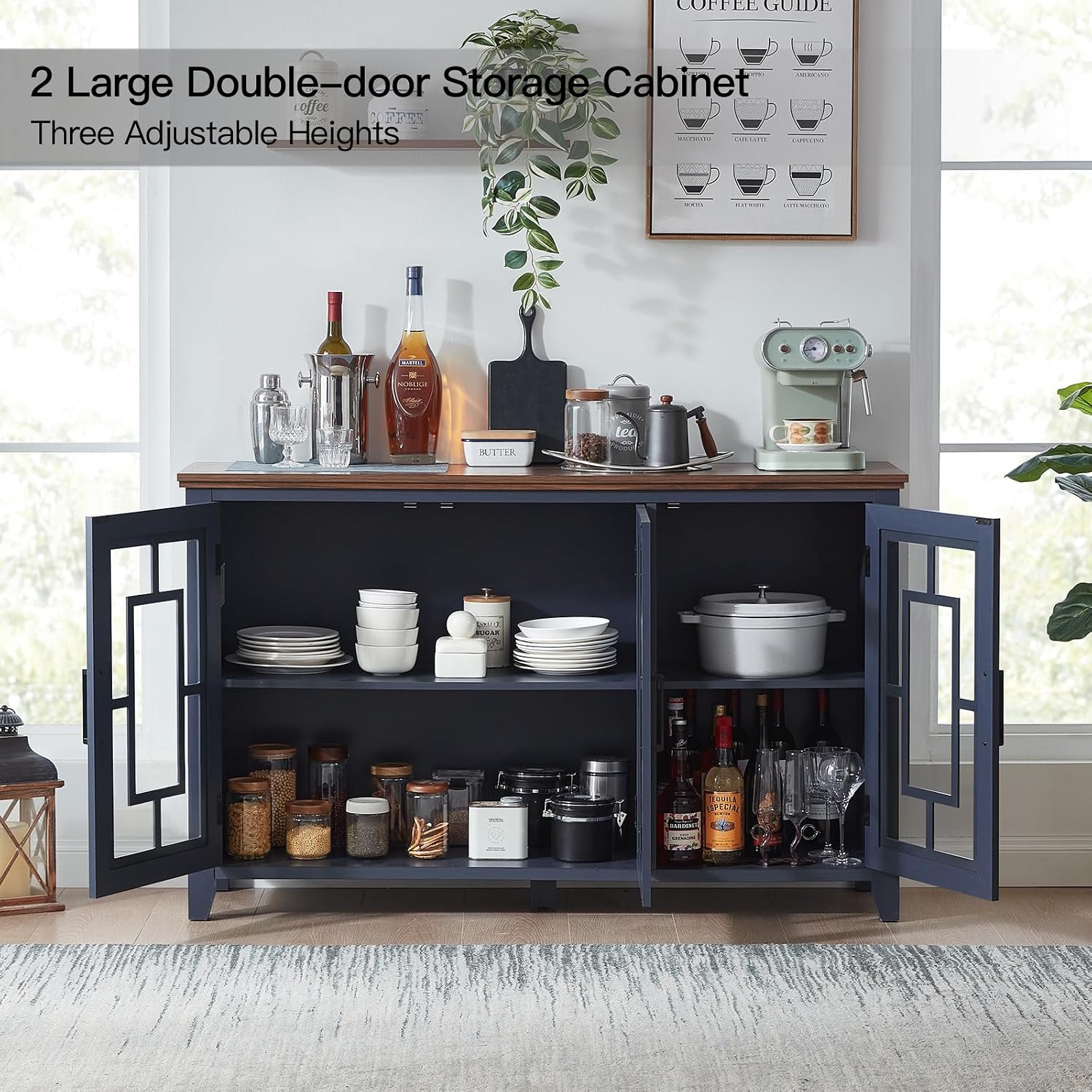 Joaxswe Large Sideboard Buffet Cabinet with Storage, 55' Farmhouse Kitchen Coffee Wine Bar Cabinet with 3 Glass Doors, Wood Mid Century Modern Side Board Table for Dining Room, Living Room,Navy Blue