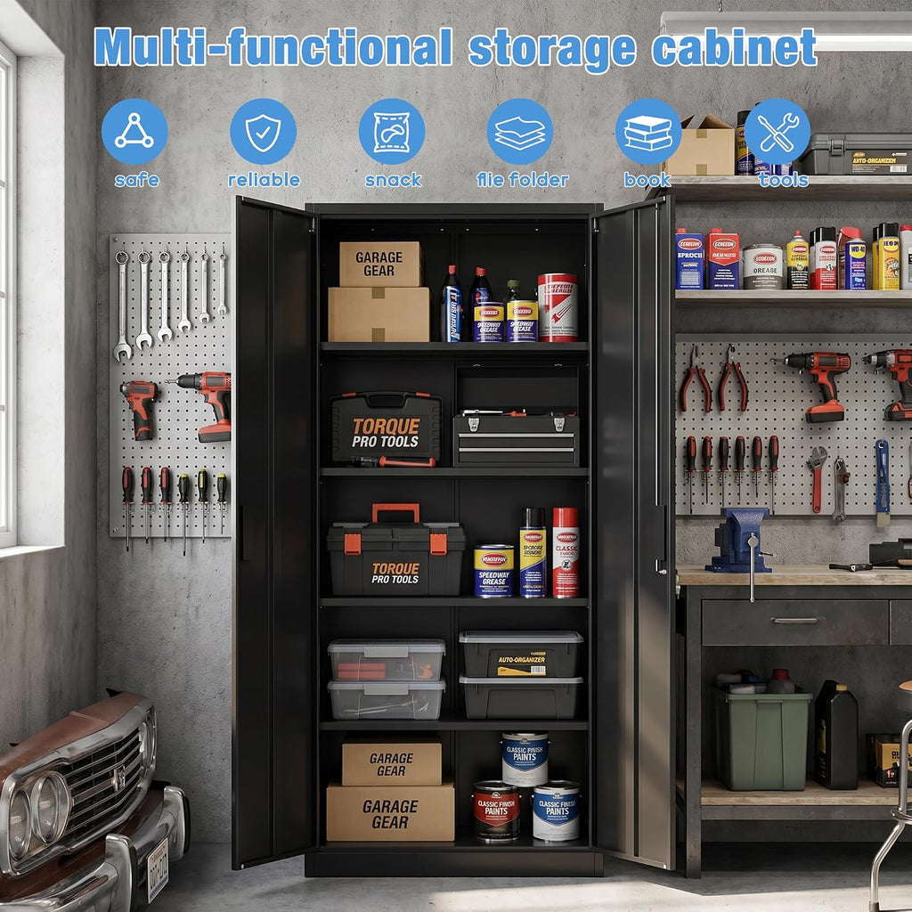 Metal Garage Storage Cabinet, Lockable Steel Storage Cabinet with 4 Adjustable Shelves for Garage, Office, Home, Assembly Required, Black, 15.75' D × 31.50' W × 70.87' H