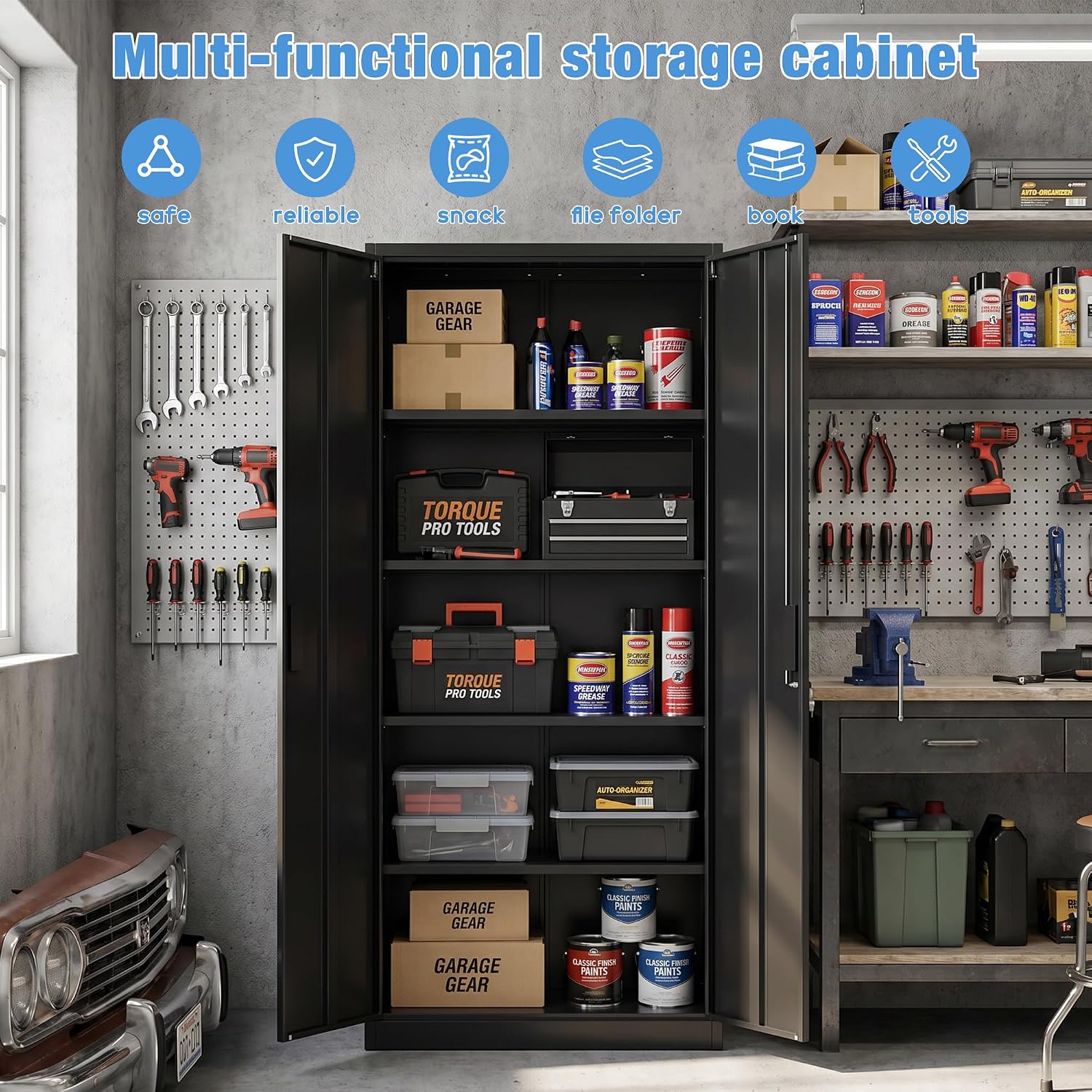 Metal Garage Storage Cabinet, Lockable Steel Storage Cabinet with 4 Adjustable Shelves for Garage, Office, Home, Assembly Required, Black, 15.75' D × 31.50' W × 70.87' H