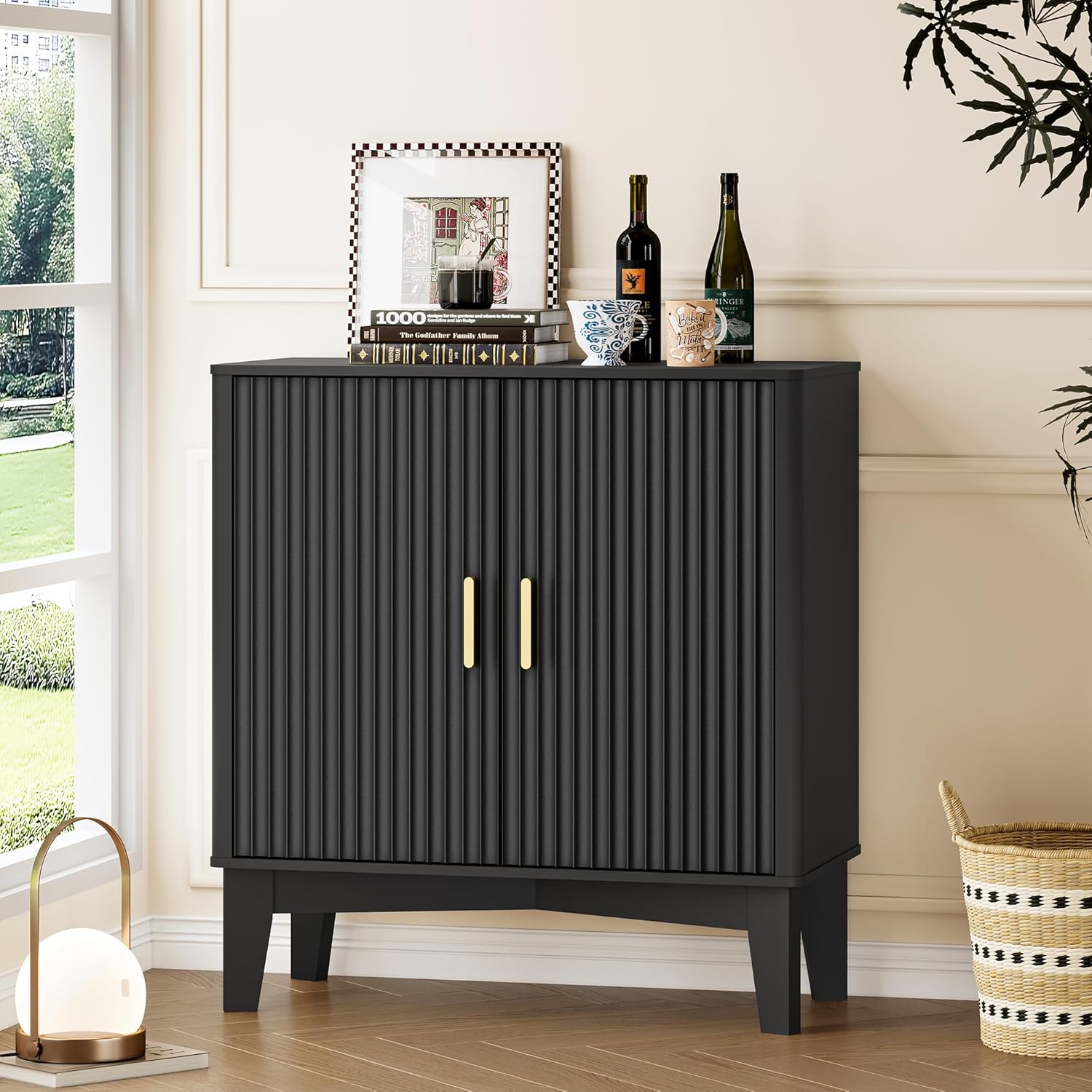 BORNOON Storage Cabinet with Doors and Adjustable Shelf, Modern Fluted Sideboard Buffet Cabinet, Freestanding Coffee Bar for Kitchen, Pantry, Entryway, Living Room (Black)
