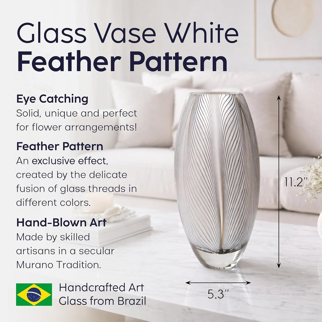 Ca D Oro Glass Vase White Feather Pattern Hand Blown Murano-Style Art Glass - Model 54 MS