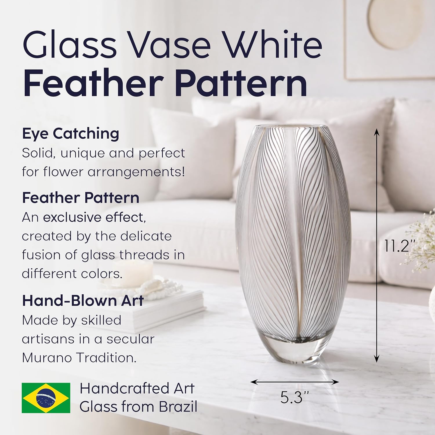 Ca D Oro Glass Vase White Feather Pattern Hand Blown Murano-Style Art Glass - Model 54 MS