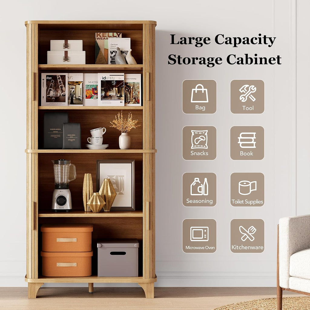Decofy 69' Tall Kitchen Pantry Storage Cabinet with Sliding Door, Modern Curved Edge Pantry Storage Cabinet with 5 Shelves, Cupboard for the Kitchen, Dining Room, Bedroom, Living Room, Office (Oak)
