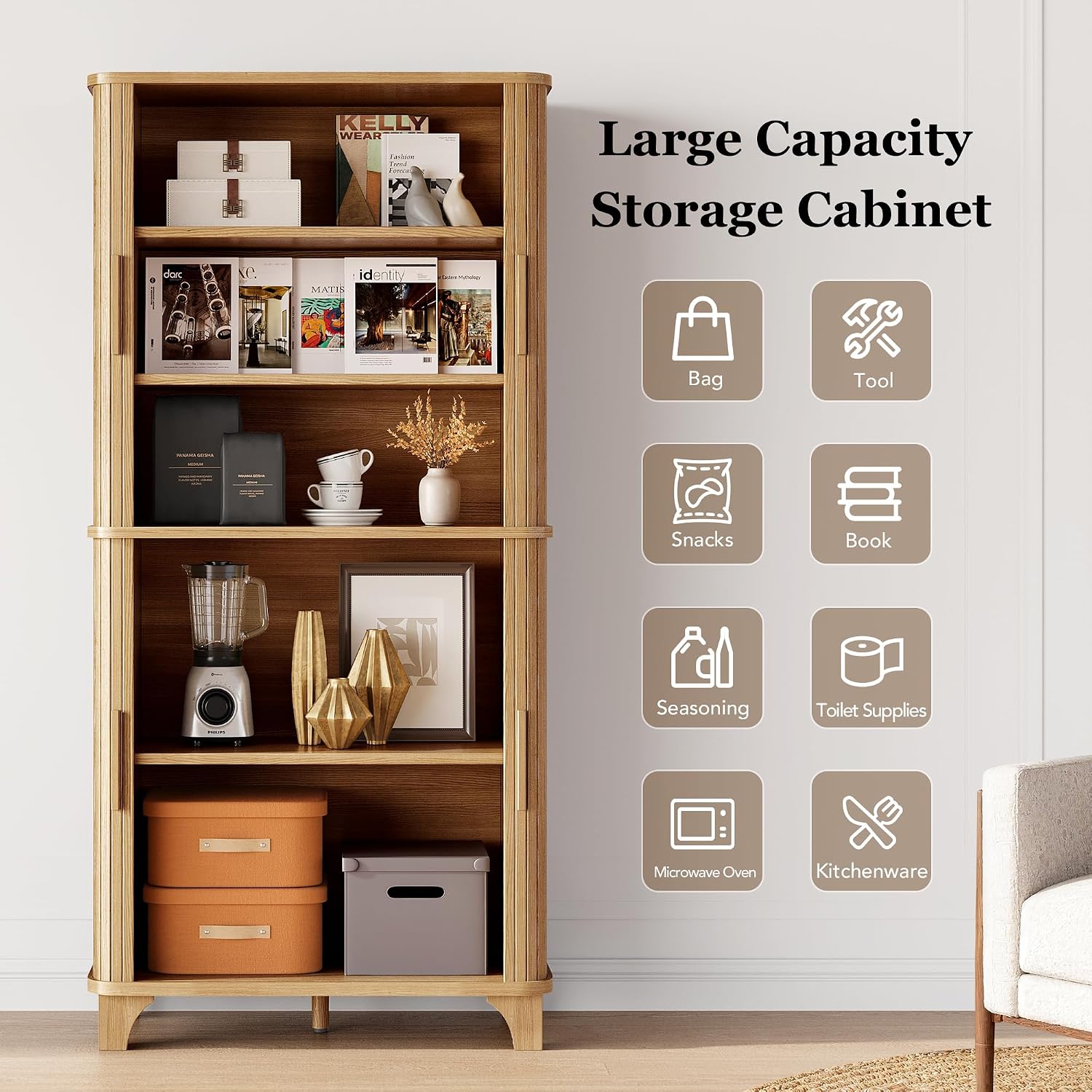 Decofy 69' Tall Kitchen Pantry Storage Cabinet with Sliding Door, Modern Curved Edge Pantry Storage Cabinet with 5 Shelves, Cupboard for the Kitchen, Dining Room, Bedroom, Living Room, Office (Oak)