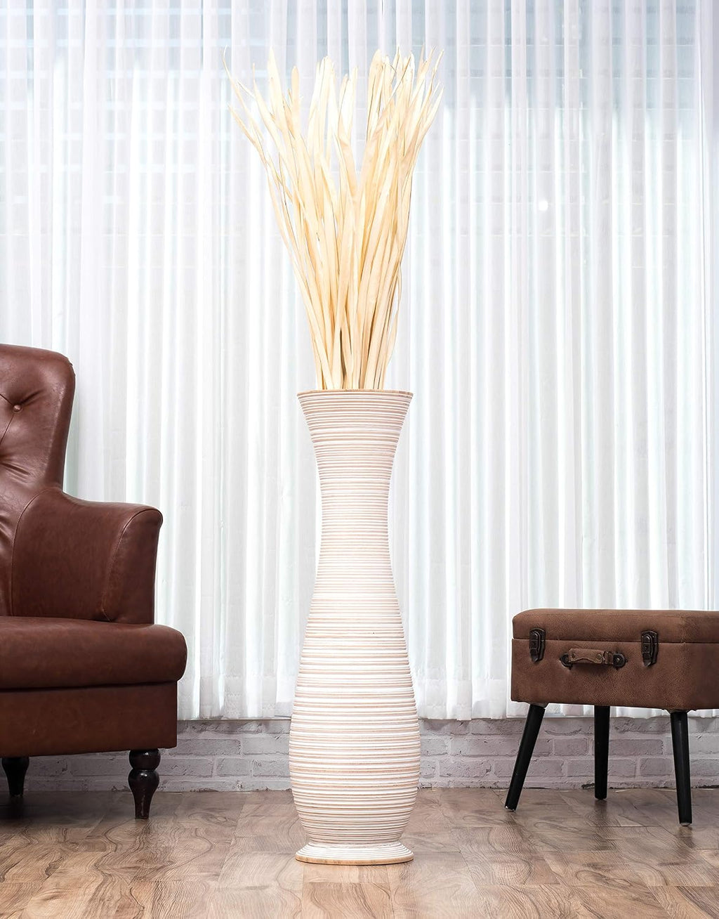 Leewadee Large White Wash Home Decor Floor Vase – Wooden 36 inches Tall Farmhouse Decor Flower Holder for Fake Plant and Pampas Grass
