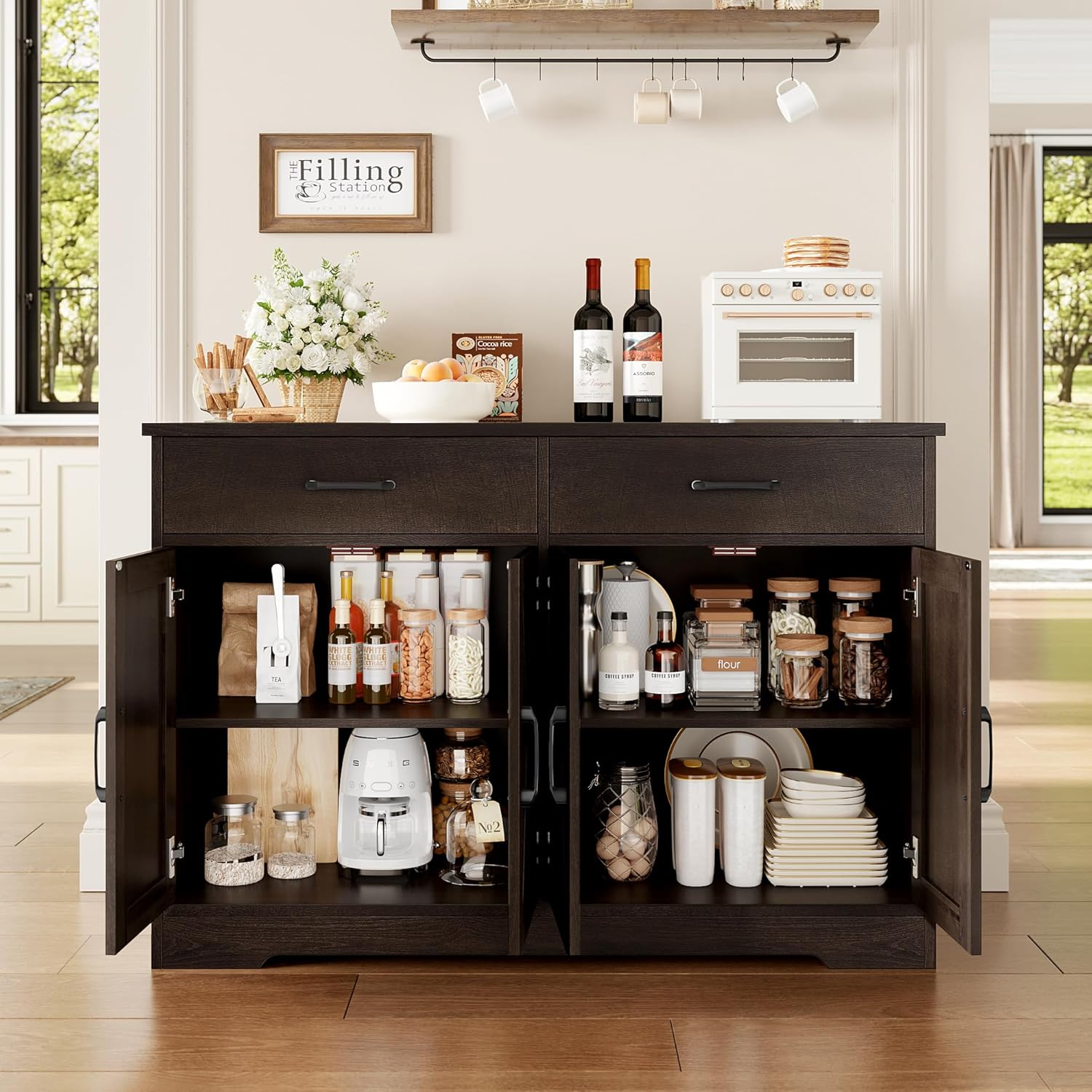 HOSTACK Buffet Cabinet with Storage, 47.2' Kitchen Sideboard Buffet with Drawers, Modern Farmhouse Coffee Bar Station with Shelves, Barn Doors Storage Cabinet for Living Room, Dark Brown