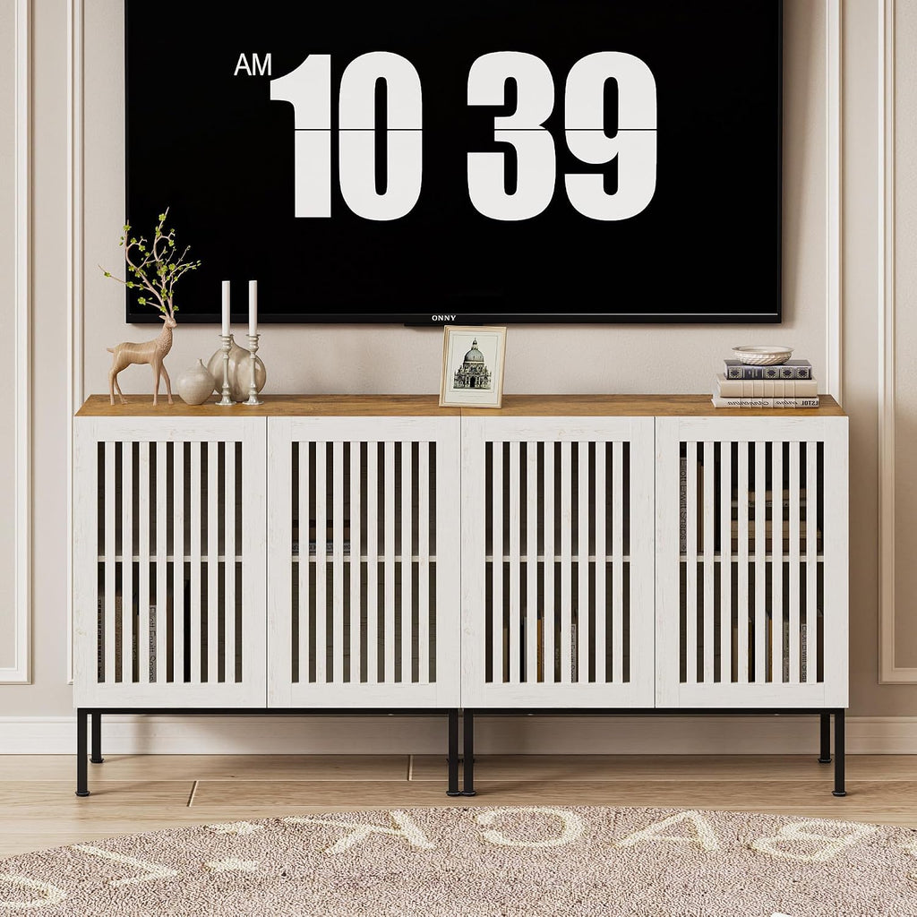 BVIUNTWO Set of 2 White Farmhouse Buffet Cabinet with Storage,Metal Base Console Table with Adjustable Shelves & 4 Doors, Antique White Sideboard for Kitchen, Dining Room, Living Room